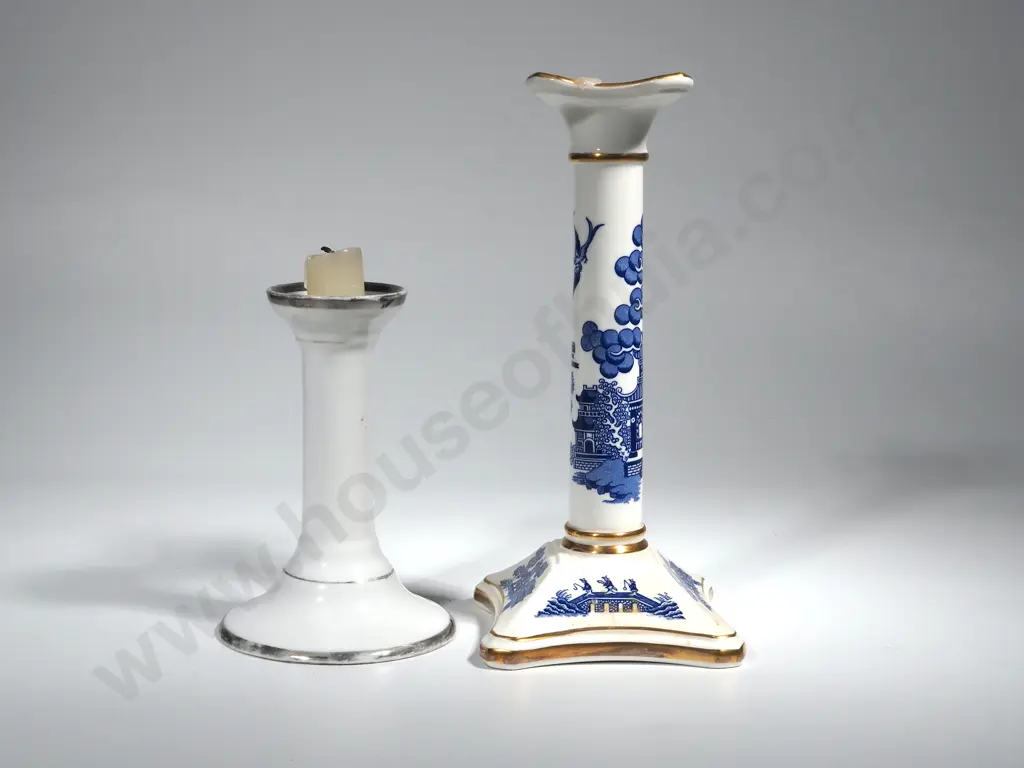 Coalport Willow Pattern Blue & White Candlestick & Other China Column Candle Stick Image 1++