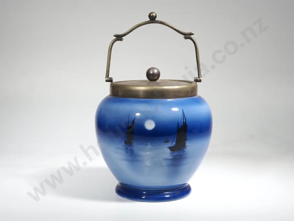 Large Shelley Blue Biscuit Barrel Decorated w Yachts Image 1++
