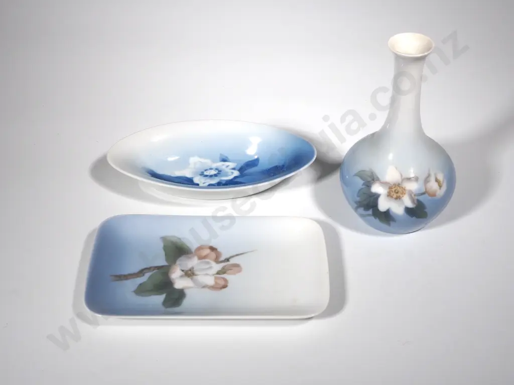 Three Bing & Grondahl Items - Vase & Two Pin Dishes - All w Floral Motif Image 1++