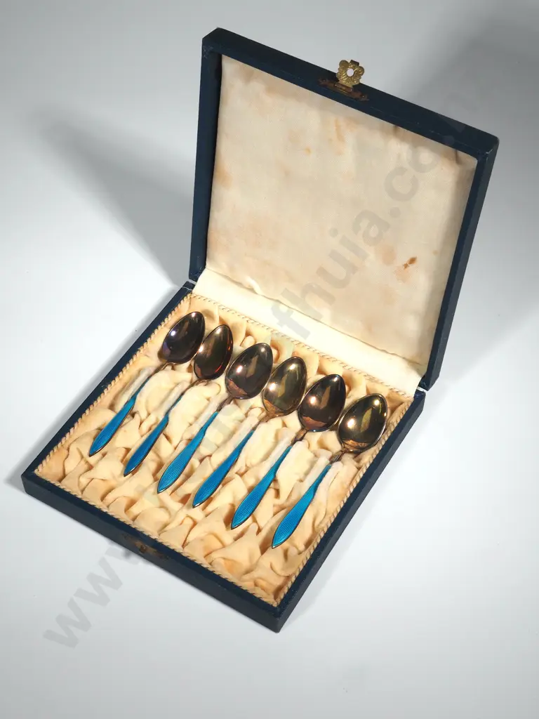 Box of Enamel & Silver Gilt Teaspoons. Marked 925. Some Enamel Damage  Image 1++