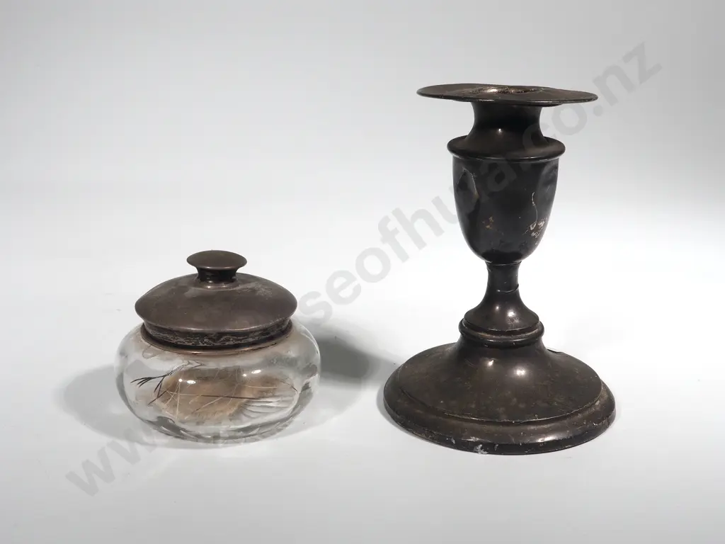Sterling Silver Weighted Candlestick & Sterling Silver Topped Glass Dressing Table Jar Image 1++