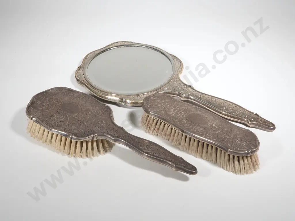 Engraved Sterling Silver Dressing Table Set w Mirror Brush & Comb Image 1++