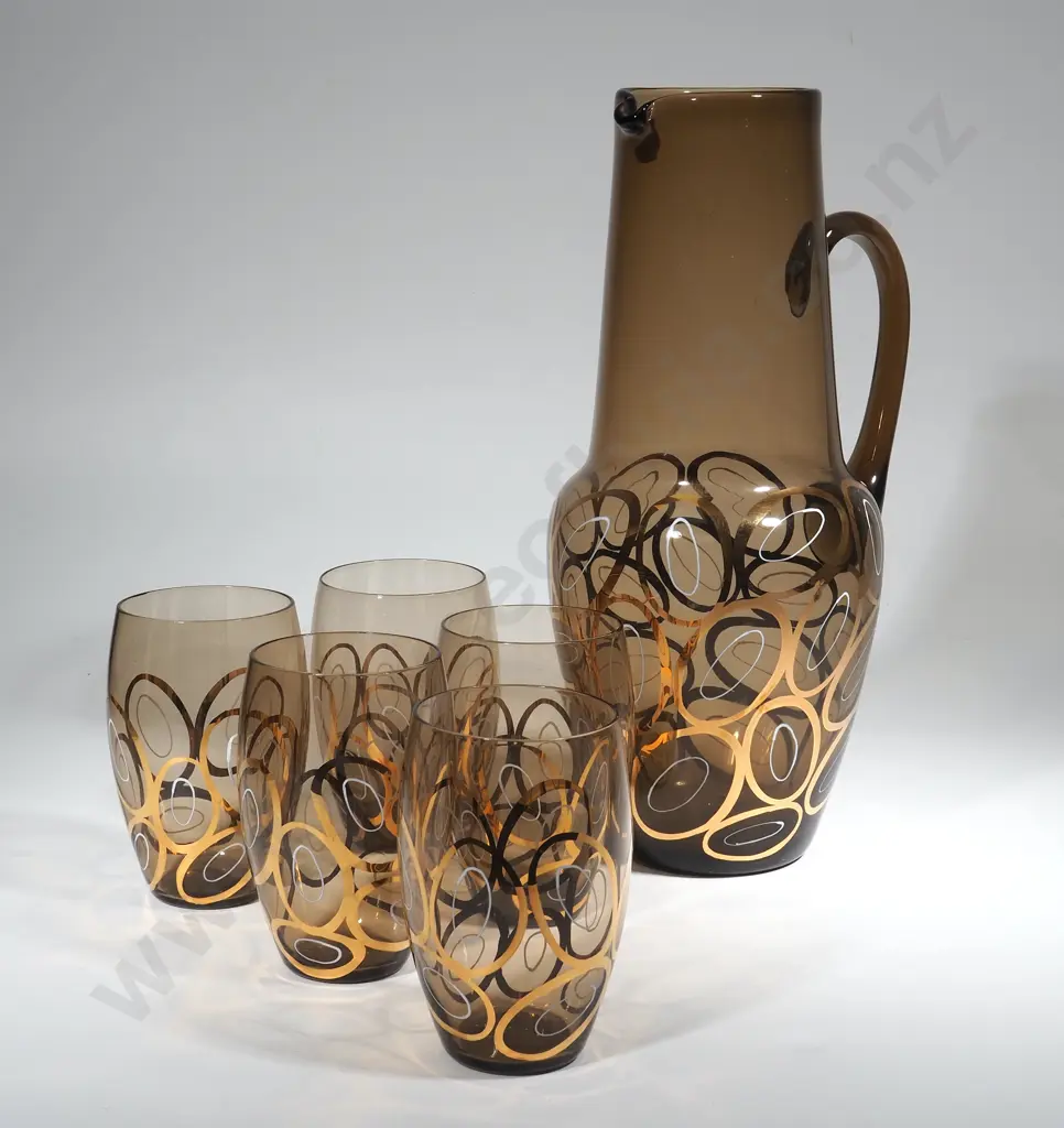 Bohemian Mid Century Brown & Gold Jug w Five matching Glasses Image 1++