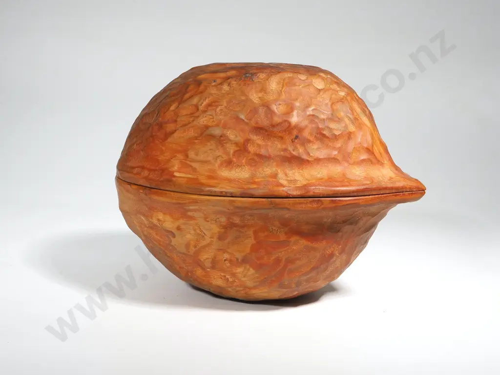Hand Carved Large Wooden Walnut Shaped Lidded Cannister Image 1++