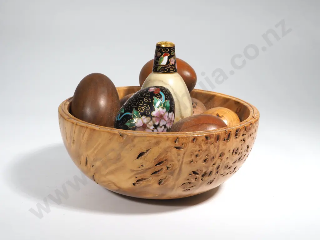Collection of New Zealand Native Timber Eggs & Alabaster Egg & Cloisonné Egg & Thimble - All in NZ Wooden Timber Bowl Image 1++