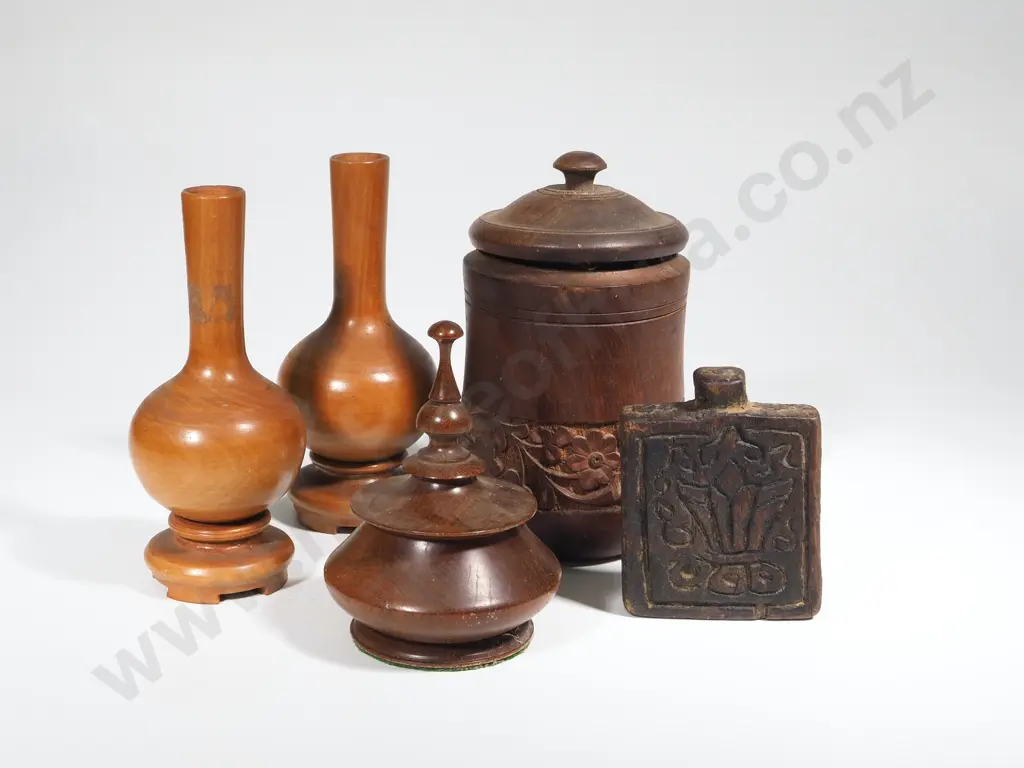 Five Pieces Of Treen Including Two Matching Speciman Vases  Image 1++