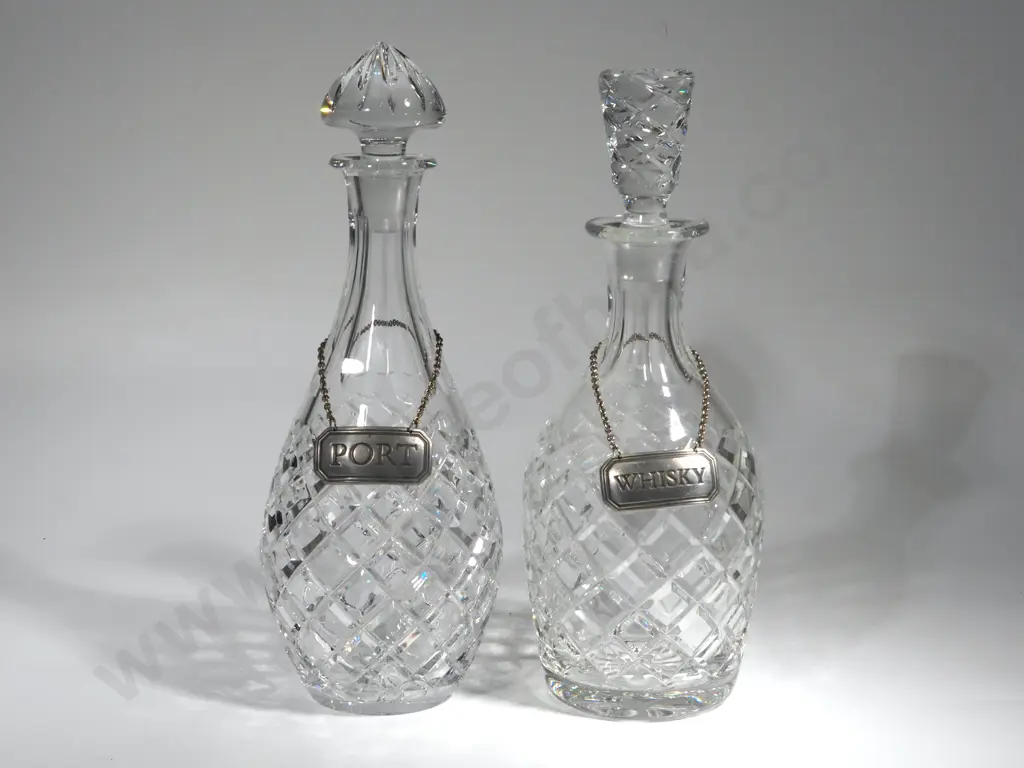 Two Crystal Decanters - Port & Whiskey Metal Labels Image 1++