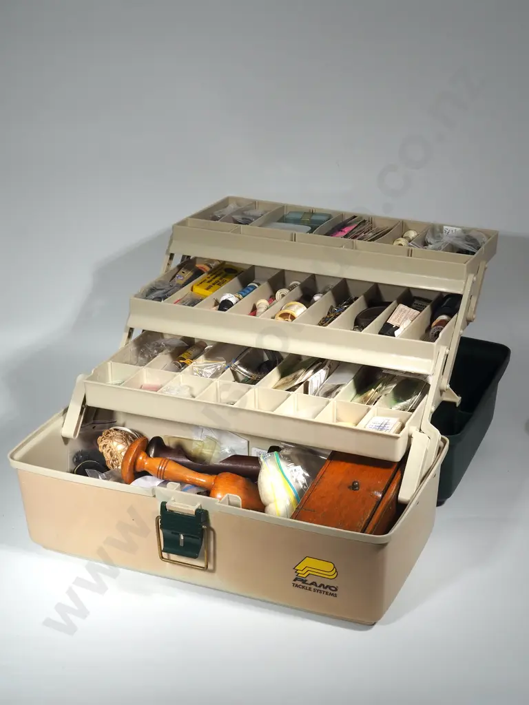 Large Sewing Kit Containing Threads, Needles, Shoe Last, Buckles, Cottons, etc in Fishing Tackle Box Image 1++