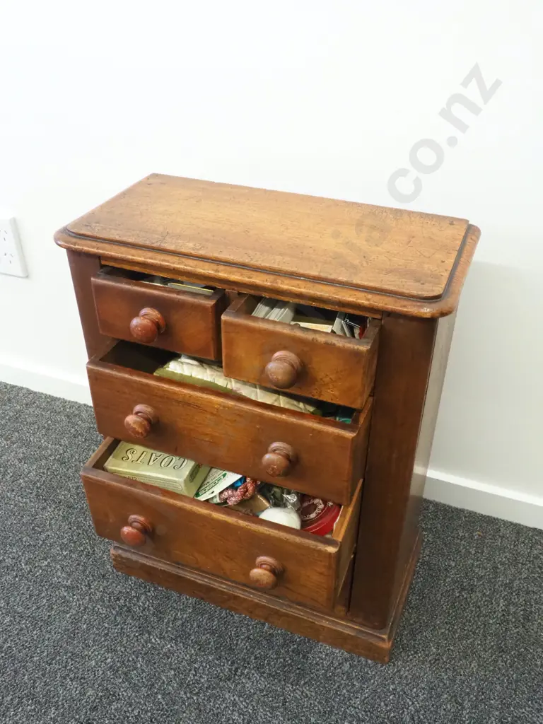 Colonial Mahogany Apprentice Chest Of Five Drawers. Complete With Sewing Paraphenalia  Image 1++