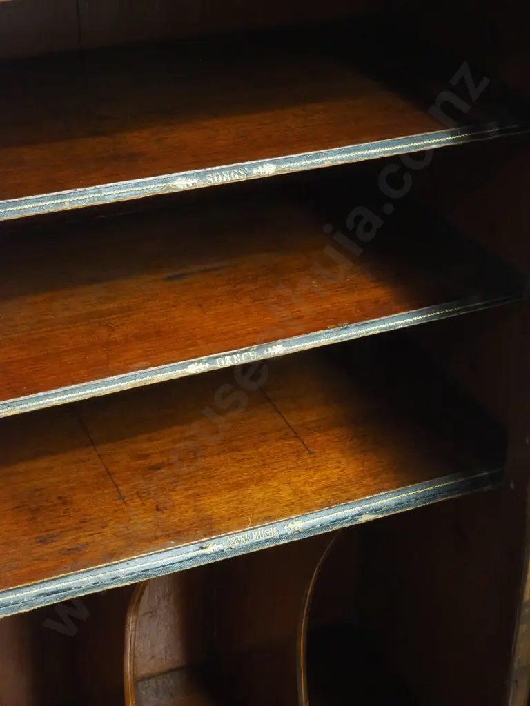 Victorian Walnut Music Cabinet with Original Brass Gallery & Shelves with  Tooled Leather Edges Image 1++