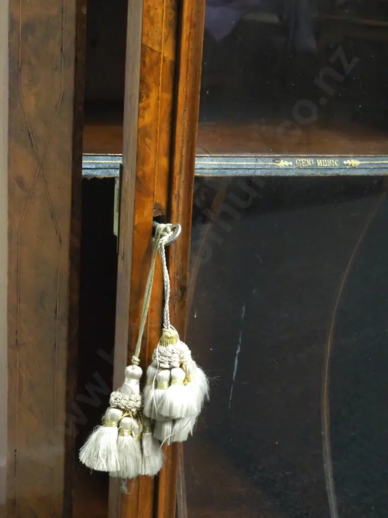 Victorian Walnut Music Cabinet with Original Brass Gallery & Shelves with  Tooled Leather Edges Image 1++