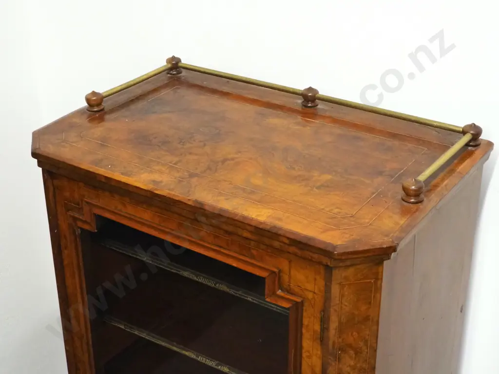 Victorian Walnut Music Cabinet with Original Brass Gallery & Shelves with  Tooled Leather Edges Image 1++