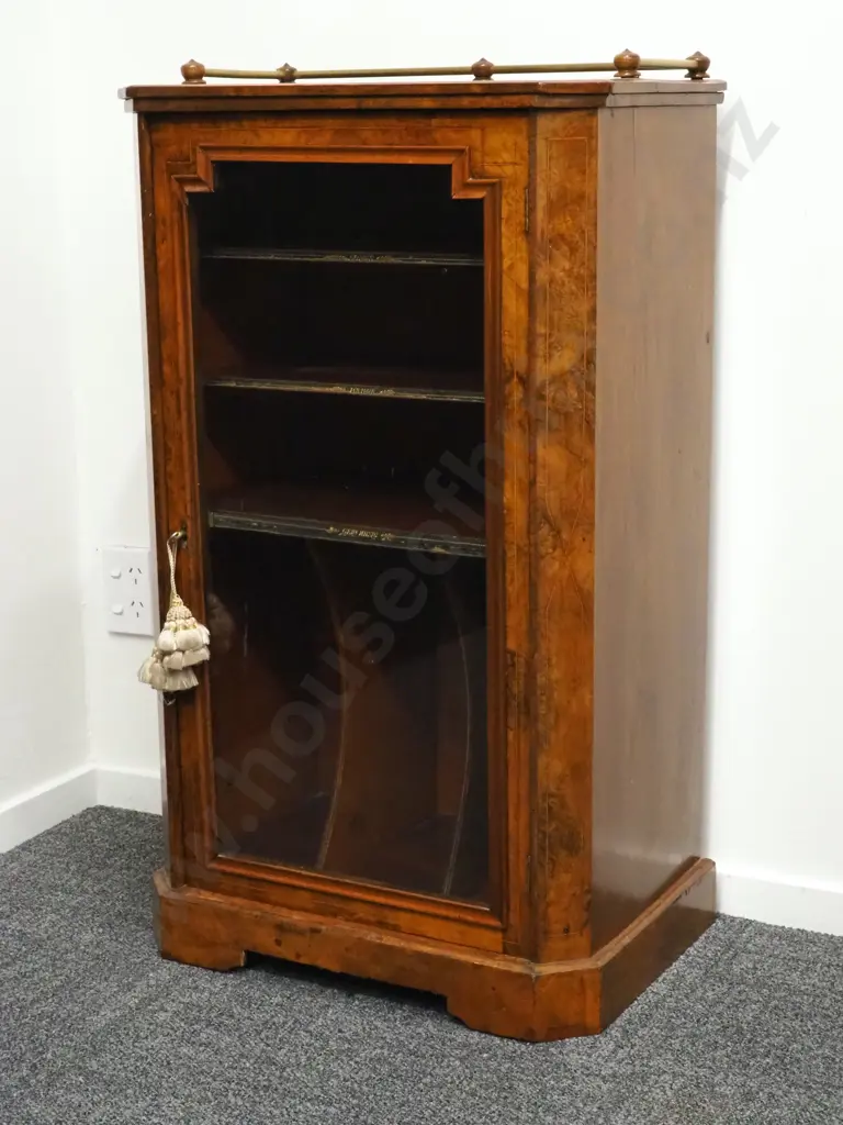 Victorian Walnut Music Cabinet with Original Brass Gallery & Shelves with  Tooled Leather Edges Image 1++