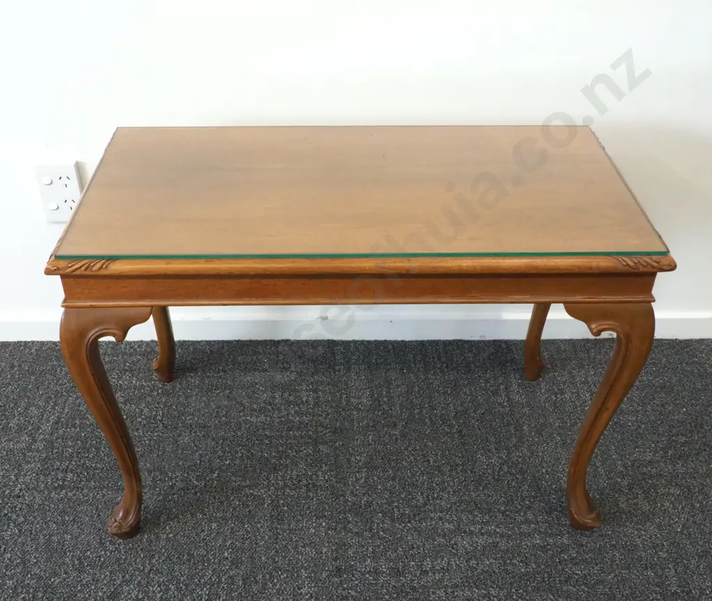 Rectangular Mahogany Coffee Table On Four Cabriole Legs With Glass Top Image 1++