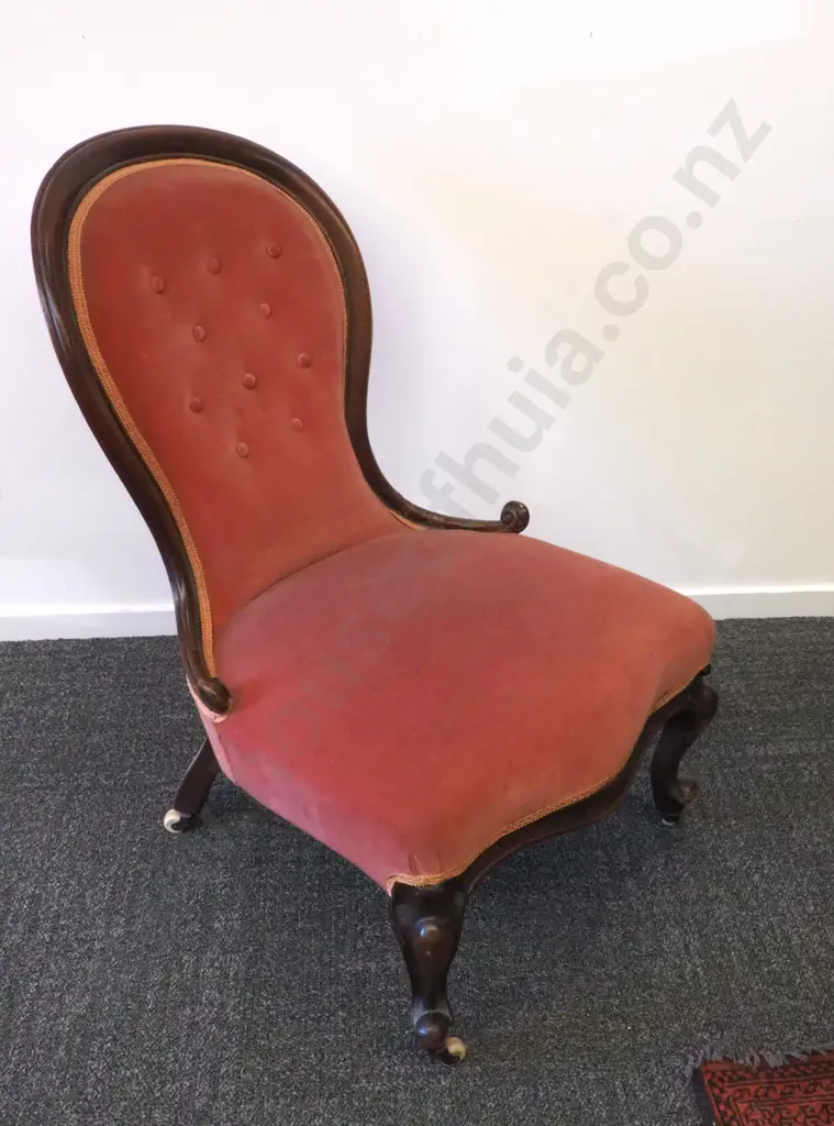 Late Victorian Mahogany Ladies Chair With  Pink Dralon Upholstery Image 1++
