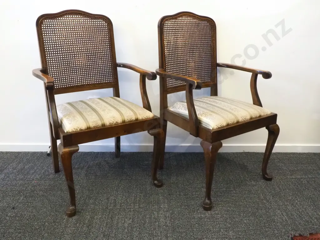 Two Vintage Mahogany Bridge Chair's with Rattan Back & Upholstered Seat Image 1++