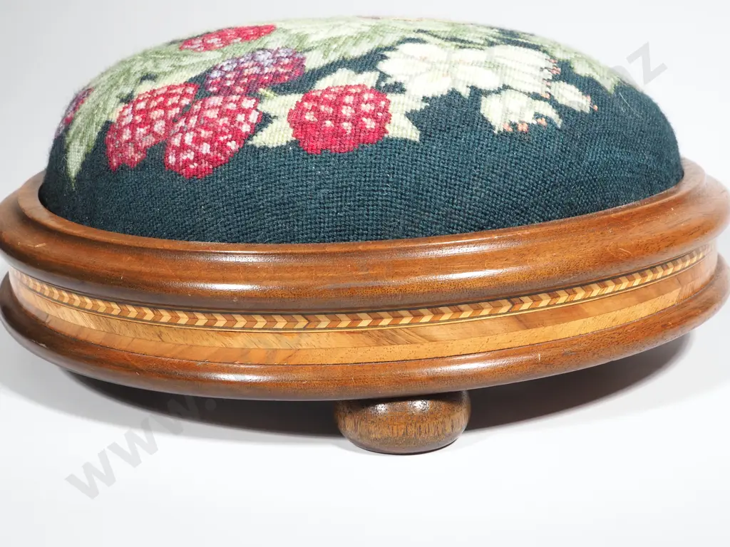 Victorian Round Oak Tunbridge  Marquetry   Footstool With Berries & Butterfly Tapestry Image 1++