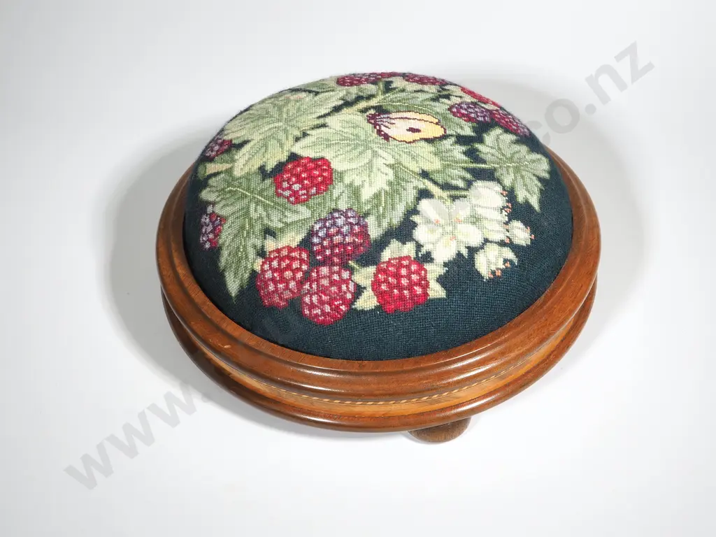 Victorian Round Oak Tunbridge  Marquetry   Footstool With Berries & Butterfly Tapestry Image 1++