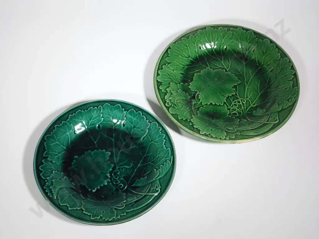 Two Antique Majolica Ware Green Leaf Plates - One A/F Image 1++