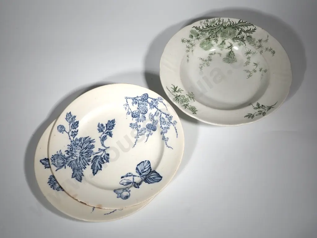 Two Blue & White Plates and Large Green Soup Bowl Image 1++