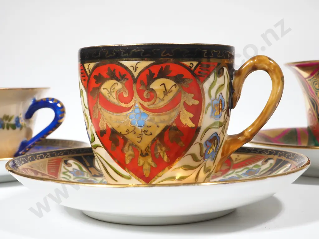 Three Miniature Cabinet Cup & Saucers - Czech - Elaborate Floriate & Gilded Decoration Image 1++