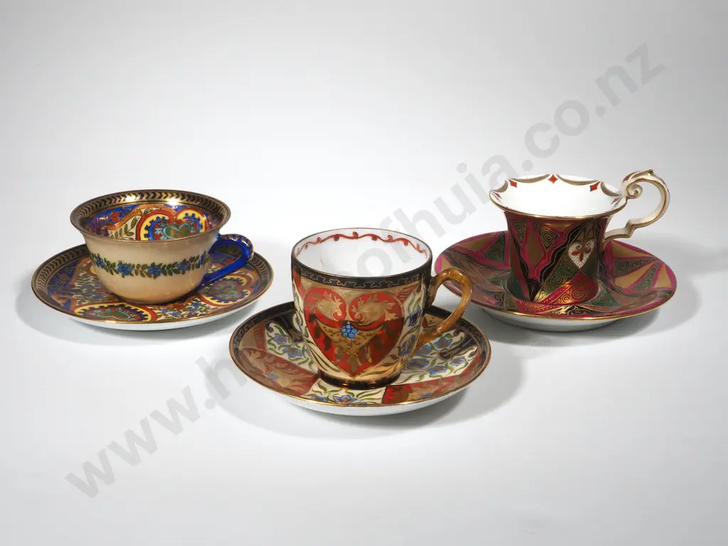 Three Miniature Cabinet Cup & Saucers - Czech - Elaborate Floriate & Gilded Decoration Image 1++