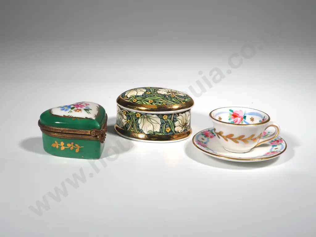 Heart Shaped LImoges Ring Box,  William Morris " Pimpernel"  Oval Ring Box & A Miniature Foley Cup & Saucer  Image 1++