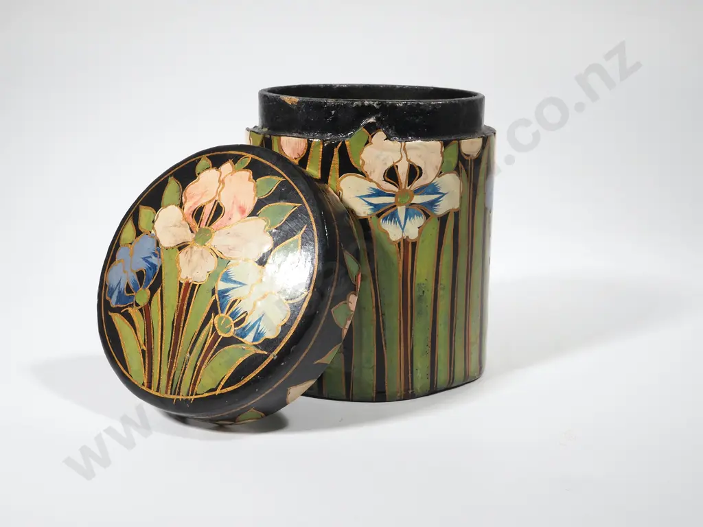 Lacquered Cylindrical Box w Irises   Image 1++
