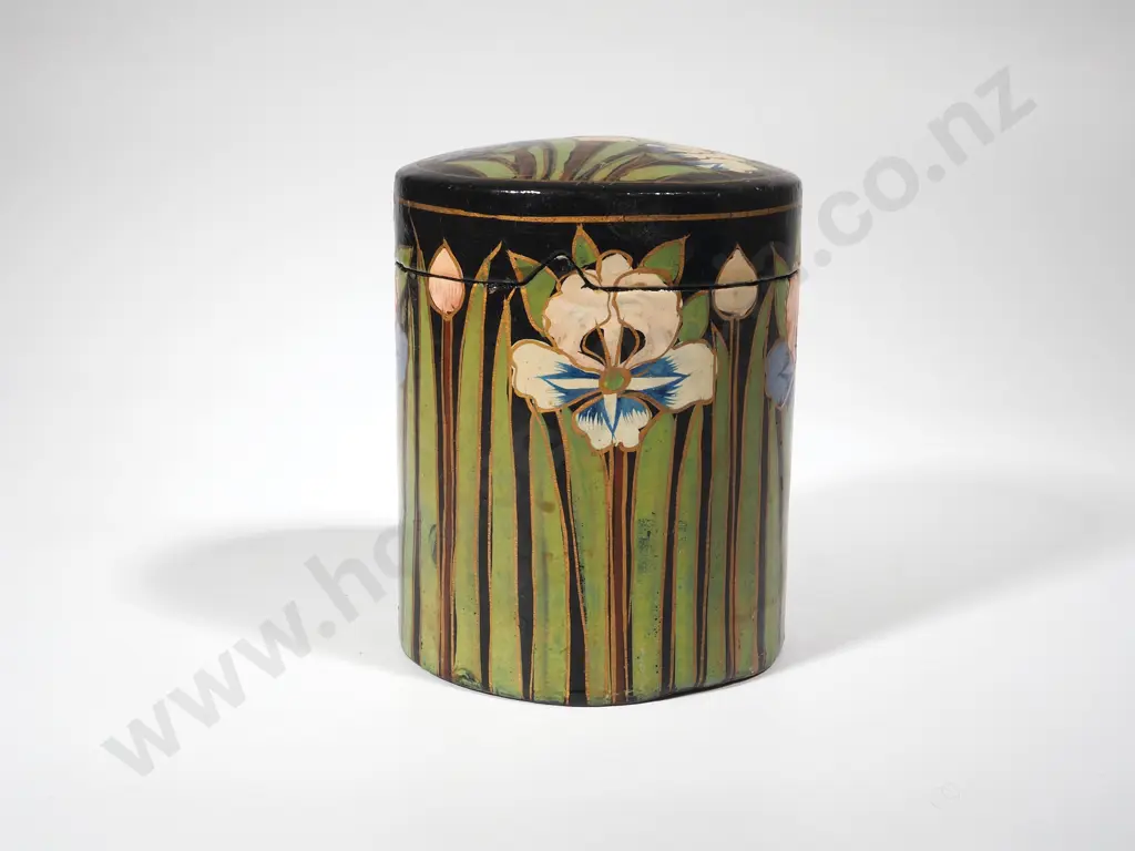 Lacquered Cylindrical Box w Irises   Image 1++