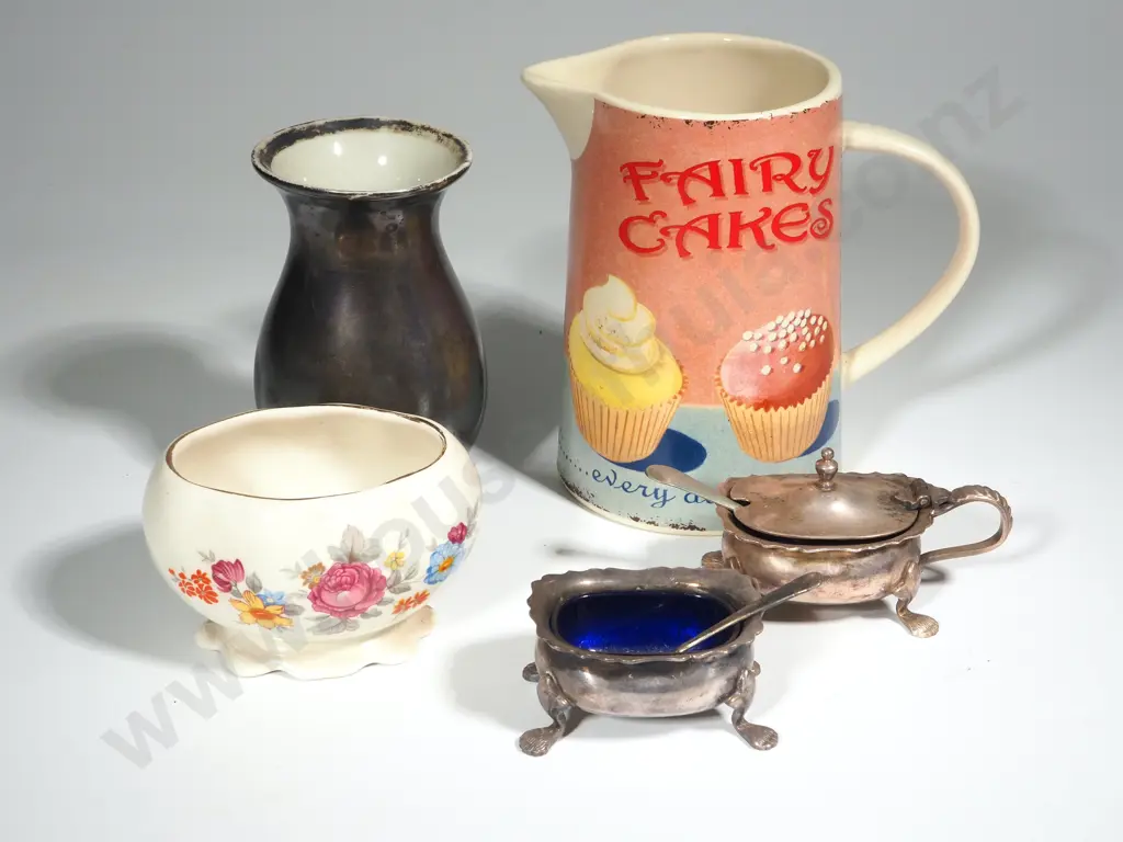 "Fairy Cakes Jug" EPNS Salt & Mustard Pot With Spoons, Small Lustre Vase & A Lancaster Trough Vase  Image 1++