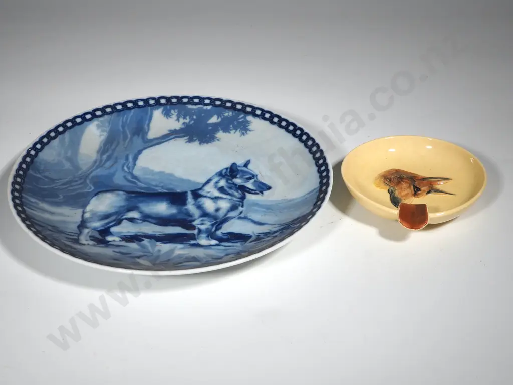 Danish Blue & White Corgi Plate & Carlton Ware Ash Tray w Embossed Alsatian Image 1++
