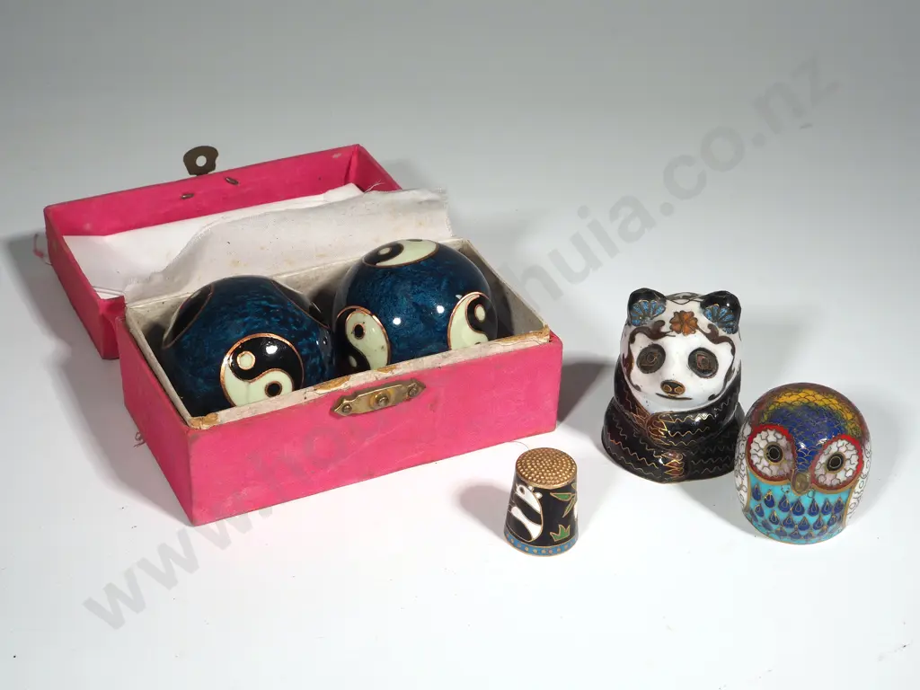 Boxed Cloisonné Baoding Balls, Cloisonné Panda and Owl &  A Cloisonné Thimble Image 1++