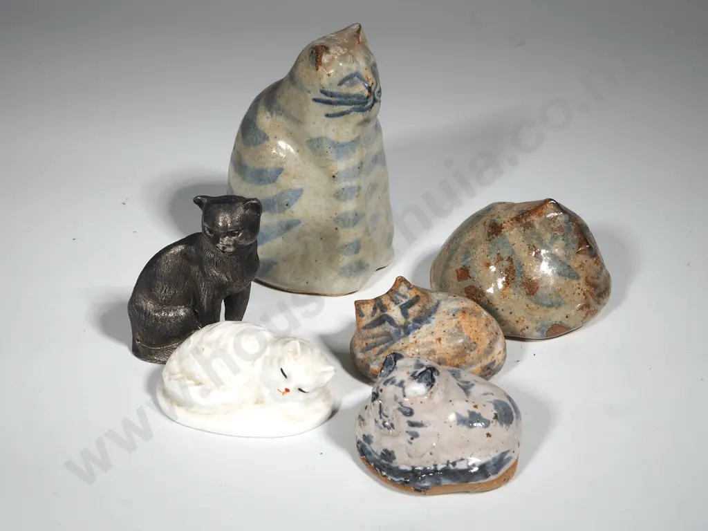 Four Pottery Blue & White Cats,  A White Porcelain Cat & A Pewter Cat  Image 1++