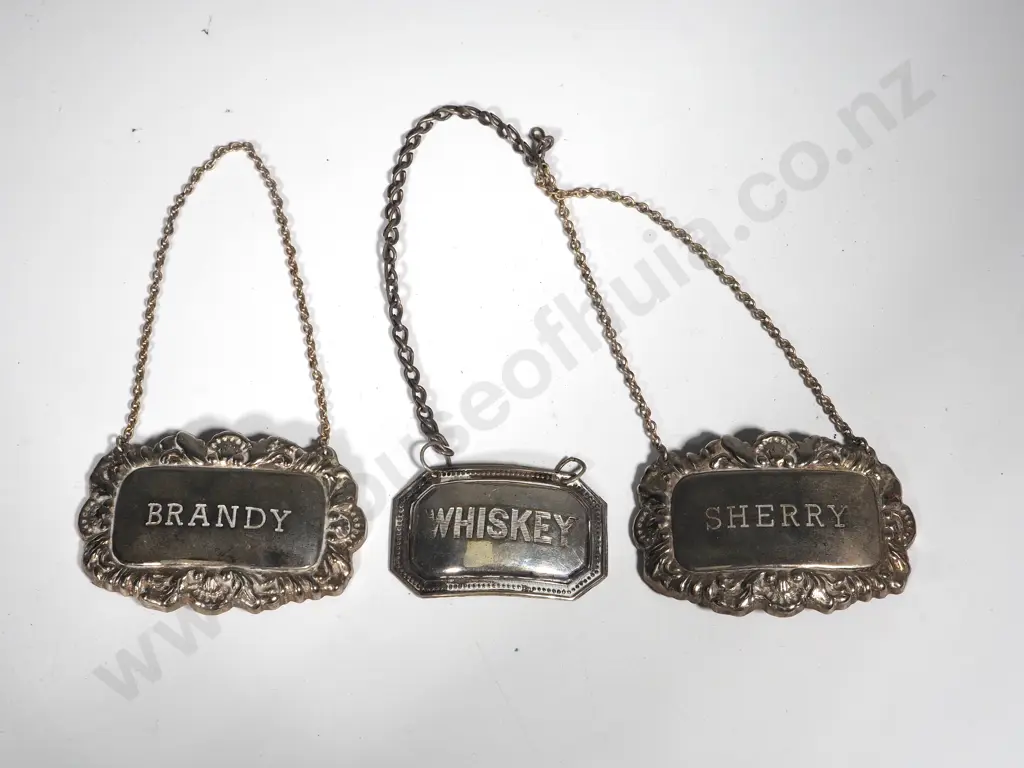 Three Silver Plate Decanter Labels - Whiskey, Brandy & Sherry Image 1++