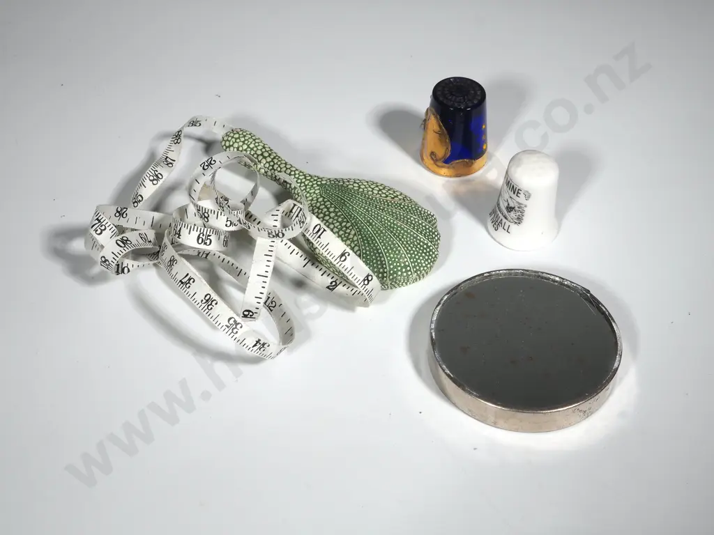 A Tape Measure In The Form Of A Minature Hand Mirror (Not Retracting), Two Thimbles (One Venetian)  & a Vintage Game Image 1++