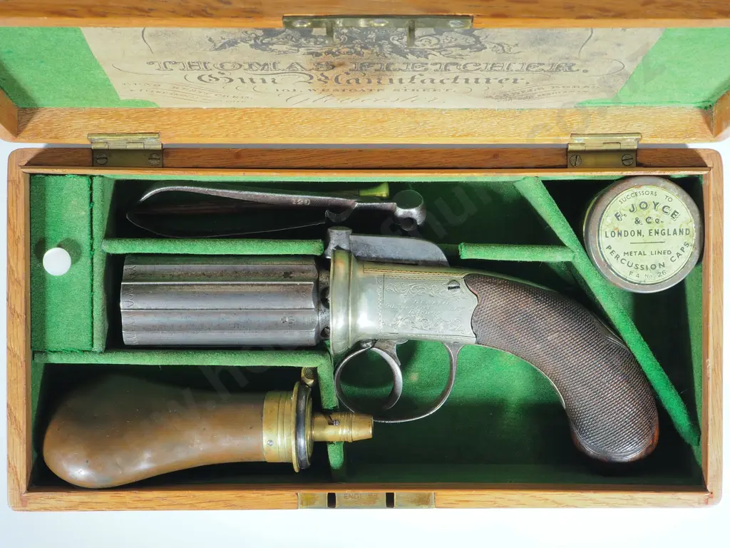 Pepperbox Pistol by J Beattie of London in Original Case w Accoutrements Image 1++
