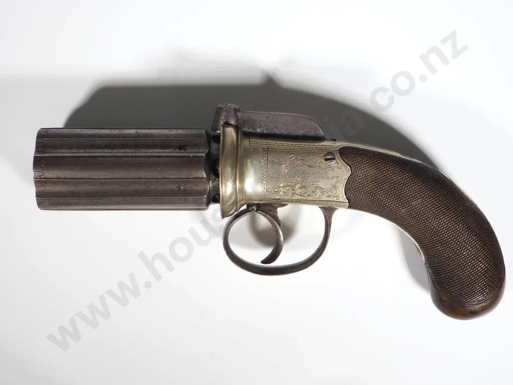Pepperbox Pistol by J Beattie of London in Original Case w Accoutrements Image 1++
