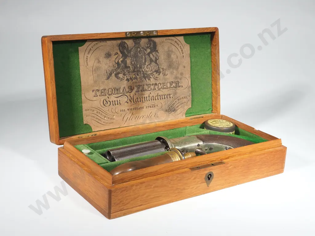 Pepperbox Pistol by J Beattie of London in Original Case w Accoutrements Image 1++