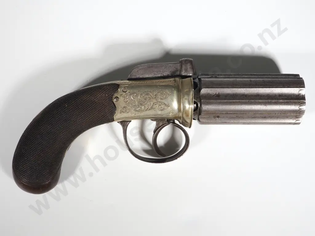 Pepperbox Pistol by J Beattie of London in Original Case w Accoutrements Image 1++