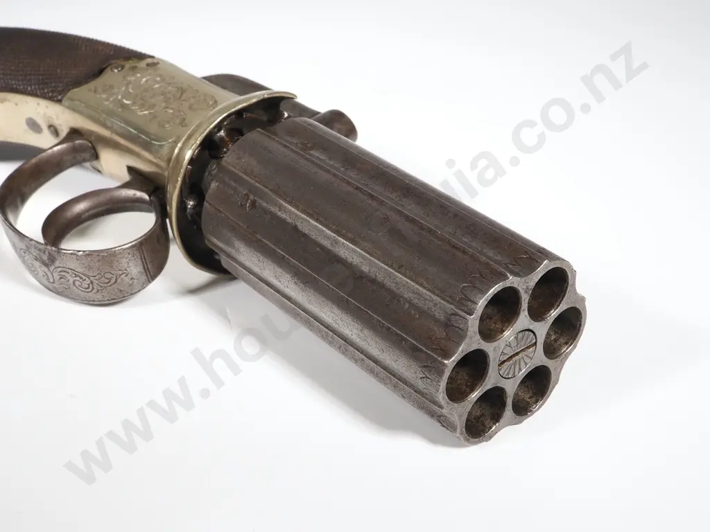 Pepperbox Pistol by J Beattie of London in Original Case w Accoutrements Image 1++