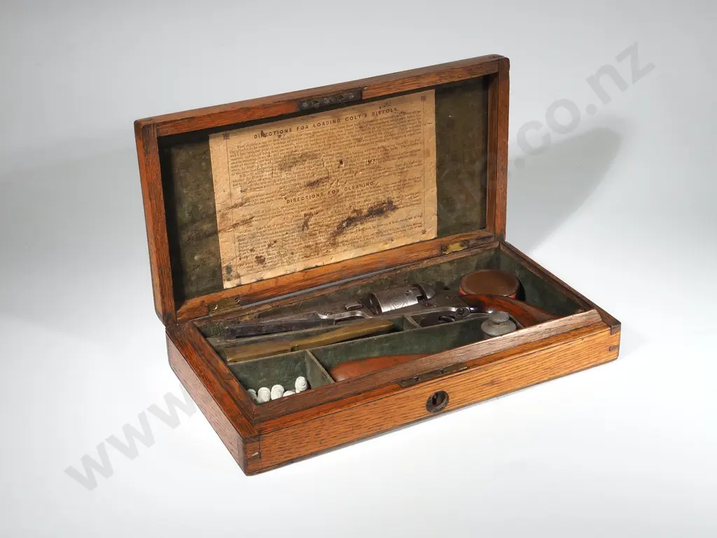 Cased Colt 1849 Pocket Pistol .31 Cal w Stagecoach Scene - London address - British Proof Marks - English Case & Extras Image 1++