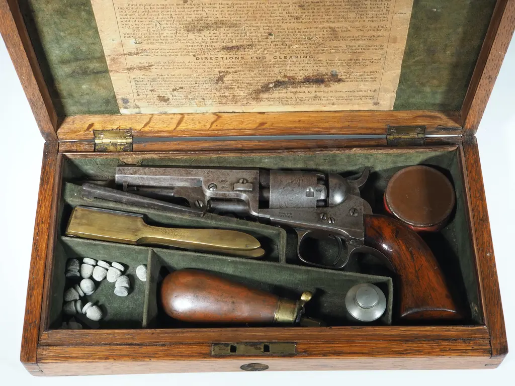 Cased Colt 1849 Pocket Pistol .31 Cal w Stagecoach Scene - London address - British Proof Marks - English Case & Extras Image 1++