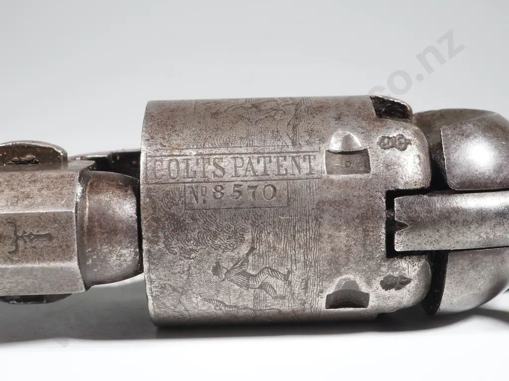 Cased Colt 1849 Pocket Pistol .31 Cal w Stagecoach Scene - London address - British Proof Marks - English Case & Extras Image 1++