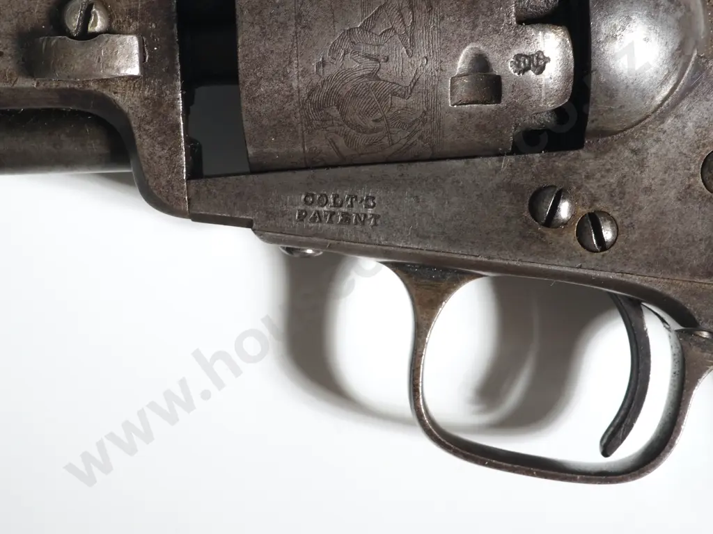 Cased Colt 1849 Pocket Pistol .31 Cal w Stagecoach Scene - London address - British Proof Marks - English Case & Extras Image 1++