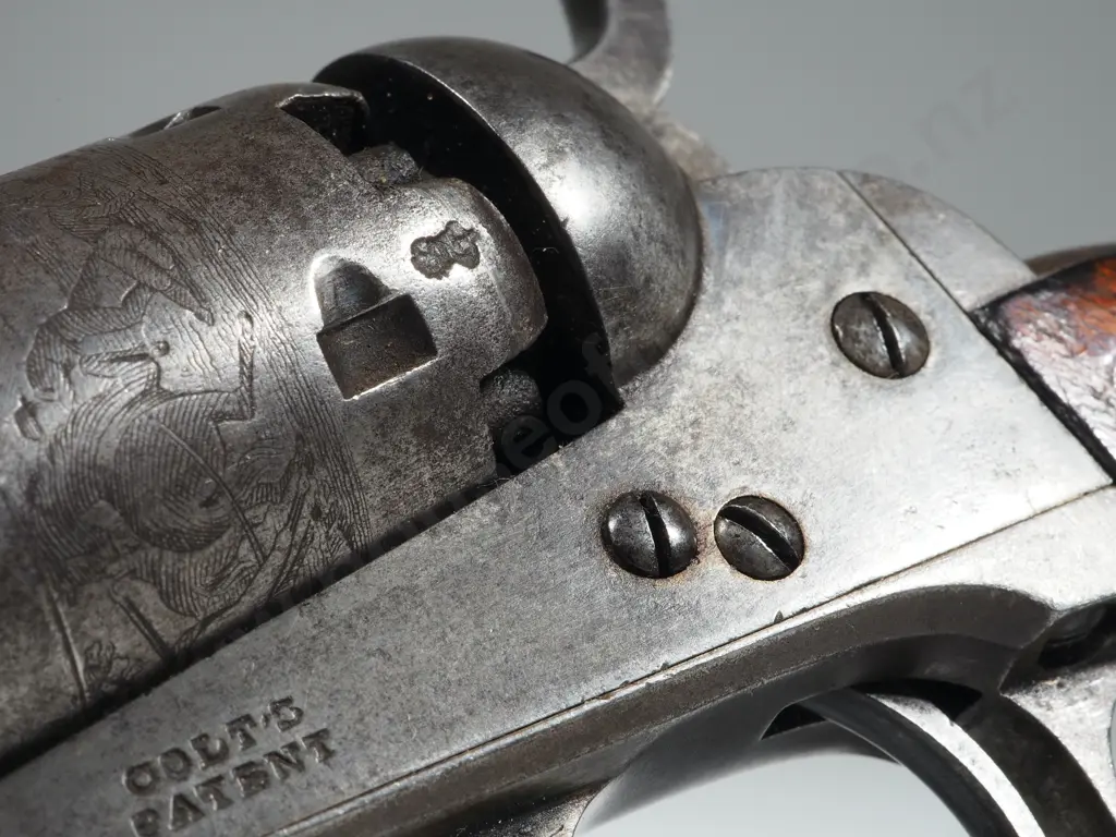 Cased Colt 1849 Pocket Pistol .31 Cal w Stagecoach Scene - London address - British Proof Marks - English Case & Extras Image 1++