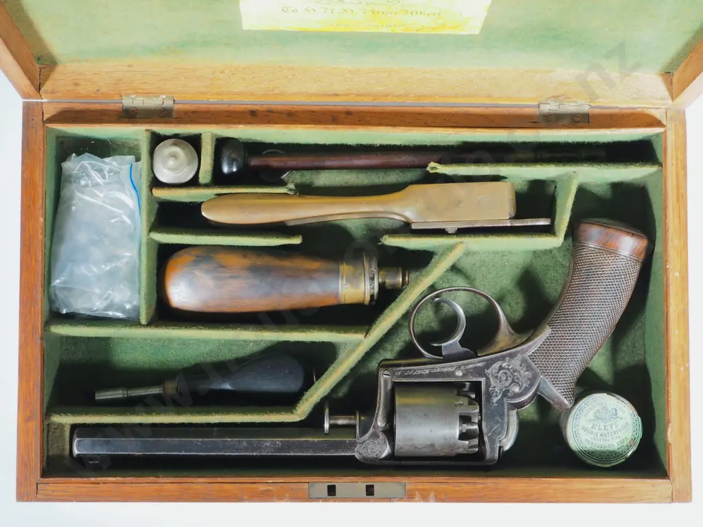 Cased Deane Adam & Deane Percussion Revolver with Engraved Borderline & T Guard & Accoutrements Image 1++