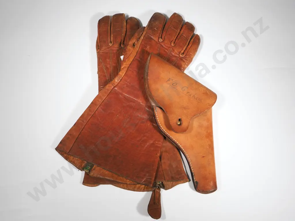 WW2 Leather Flying Gauntlets & Period Leather Holster Named to Flying Officer Graham - Pilot in the Pacific Image 1++