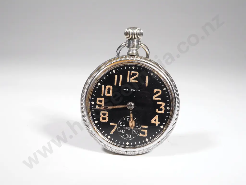 WW2 Black Face Waltham Pocket Watch - Working Image 1++