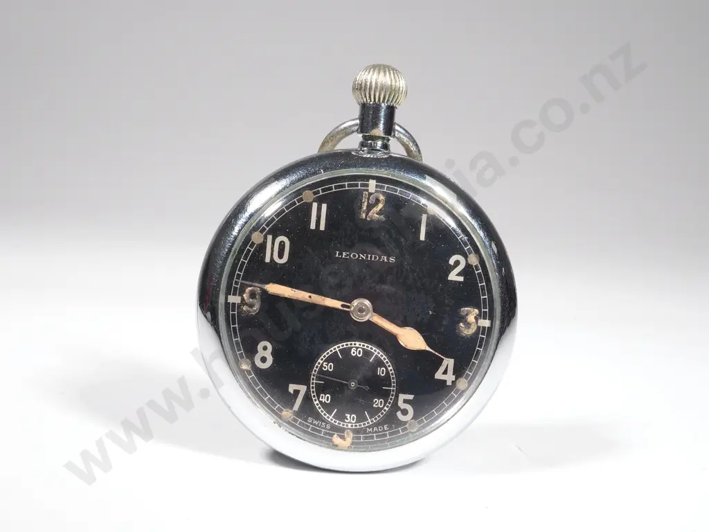 Military Issue Leonidas Black Face Pocket Watch Circa WW2 - Working Image 1++