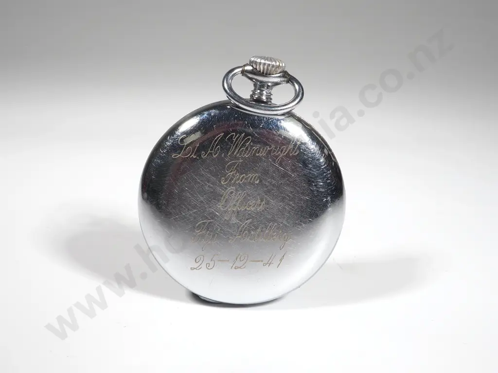 WW2 1941 Presentation Invicta Pocket Watch to Lt A Wainright - From Officers Fiji Artillery 25-12-1941 - Working  Image 1++